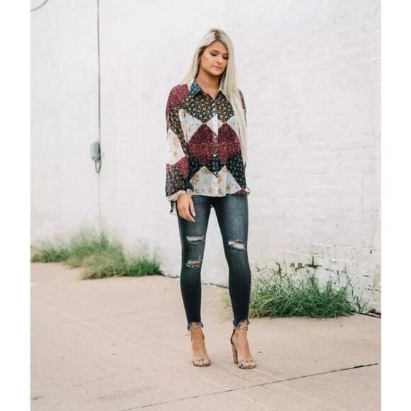 Buckle Willow & Root Sheer Floral Checkered Top XL - Picture 3 of 7